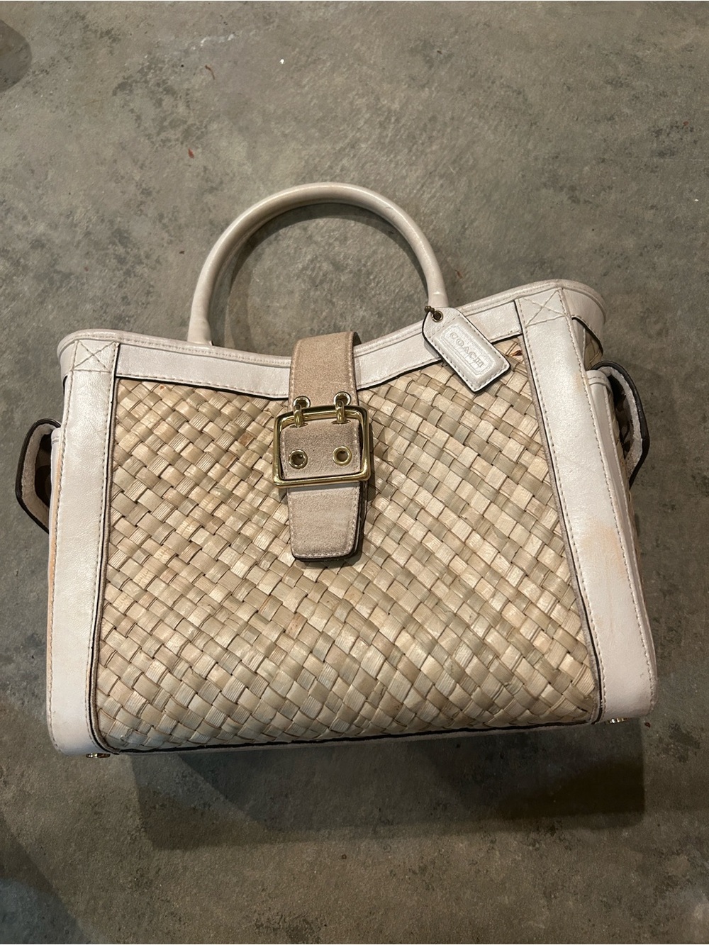 Coach Beige Woven Satchel with White Trim and Gold Hardware